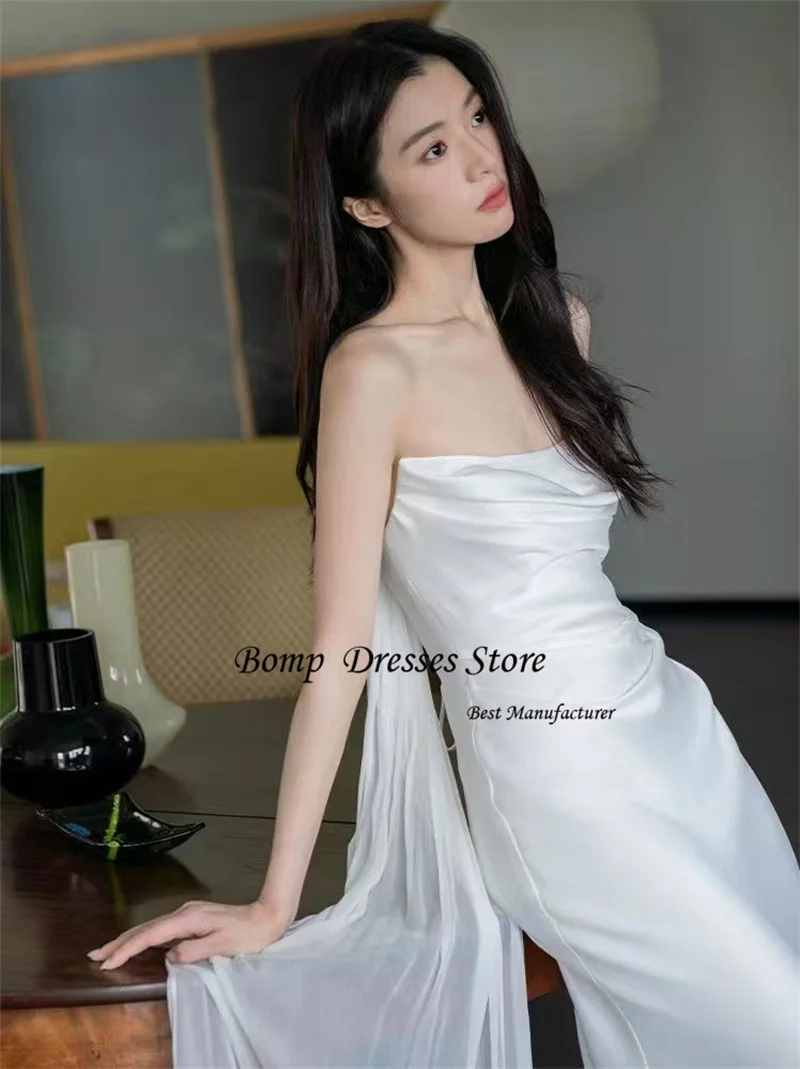 BOMP Elegante trägerlose weiße Party-Abendkleider, Fotoshooting, trägerloses Seidensatin-Körper-Maxikleid, Hochzeitsfeier, individuell gestaltet