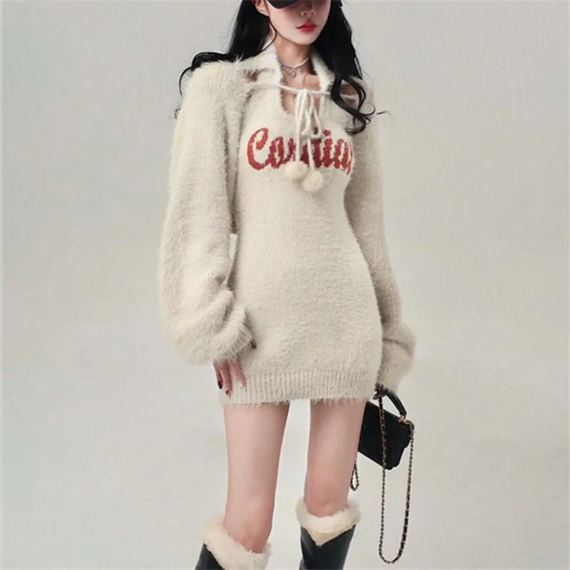 Vintage Slim Halter Knitted Dress Suits Women Streetwear Crop Cardigans Short Skirts Set Fashion Woman Dresses Sets Y2K Clothing