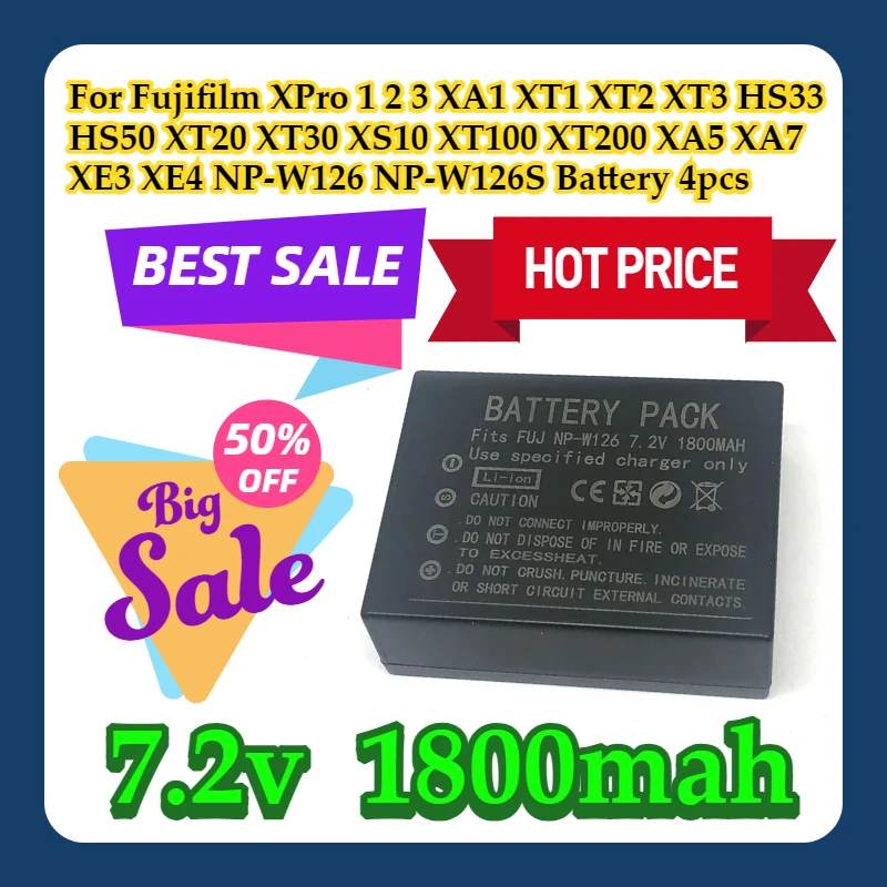 For Fujifilm XPro 1 2 3 XA1 XT1 XT2 XT3 HS33 HS50 XT20 XT30 XS10 XT100 XT200 XA5 XA7 XE3 XE4 NP-W126 NP-W126S Battery 4pcs