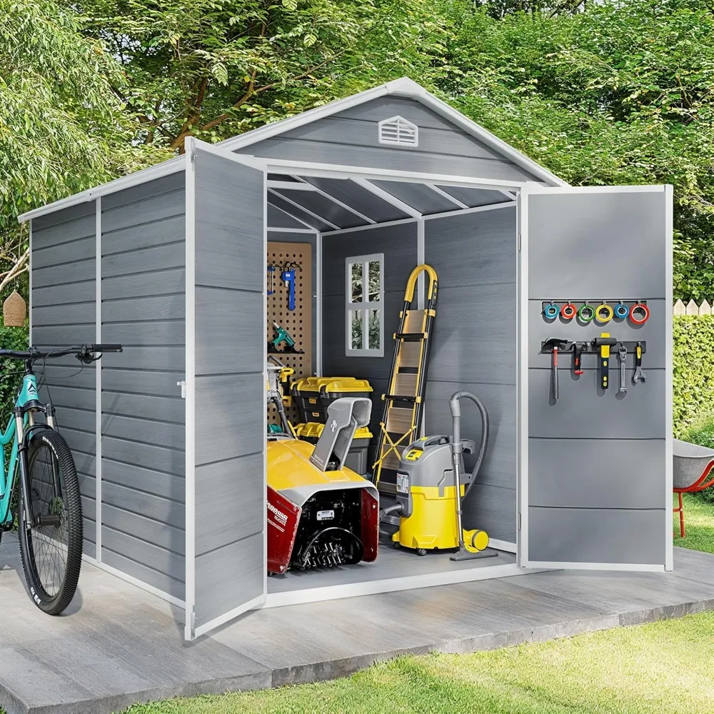 

8x6 Ft Outdoor Plastic Storage Shed with Reinforced Steel Frame, All-weather Waterproof Resin Structure, and Lockable Door
