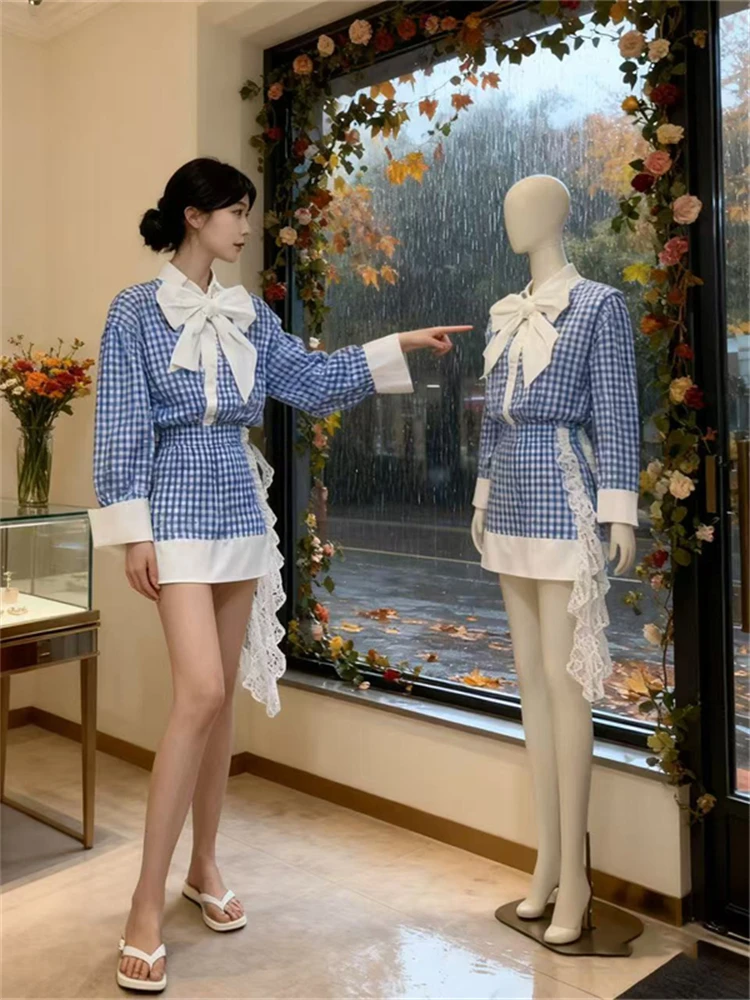 

French Sle Plaid Knot Top And Skirt Set Women's Early Autumn Faionable Two-Piece Suit f-length Skirt Trendy