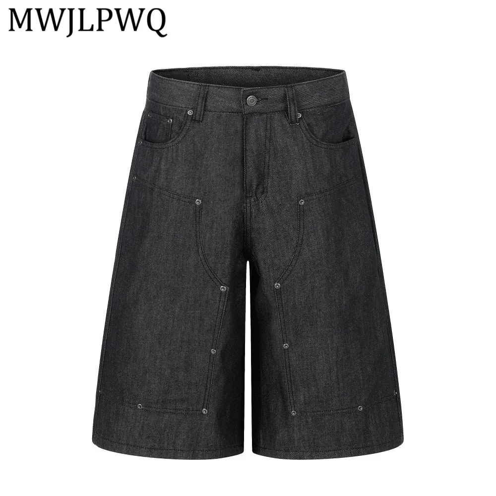 

MWJLPWQ Chic Summer Patchwork Denim Cropped Pants For Men Vibe Trendy Rivet Design Solid Color Wide-Leg Straight Shorts 16016