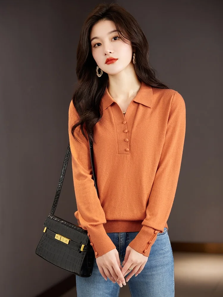 TuangBiang Spring Elegant 2023 Button Decorate Spliced Polo Collar Pullover Autumn Sweater Korean Women Fashion Knitted Pink Top