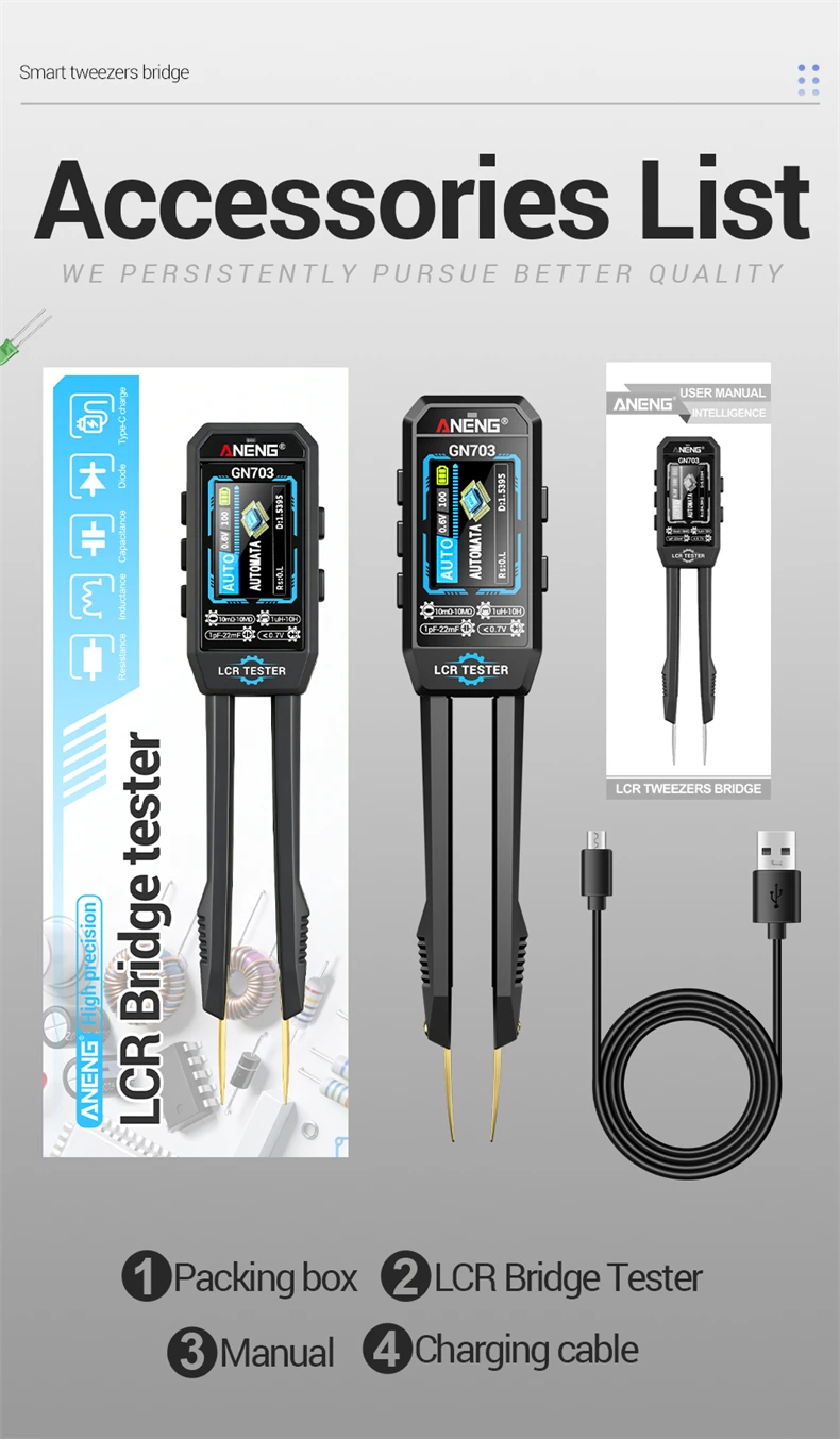ANENG GN703 USB-Aufladbares Tragbares Digitales LCR-Bridgemeter 100Hz 1KHz 10KHz Diodentester Kalibrierung für Elektronik-Reparatur – Detail 15