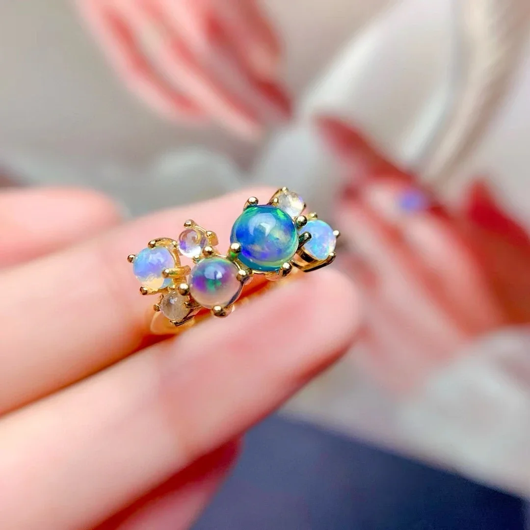 

Natural Opal and Moon Stone Ring for Party Total 1.6ct Round Gemstone 925 Silver Ring with 18K Gold Plating