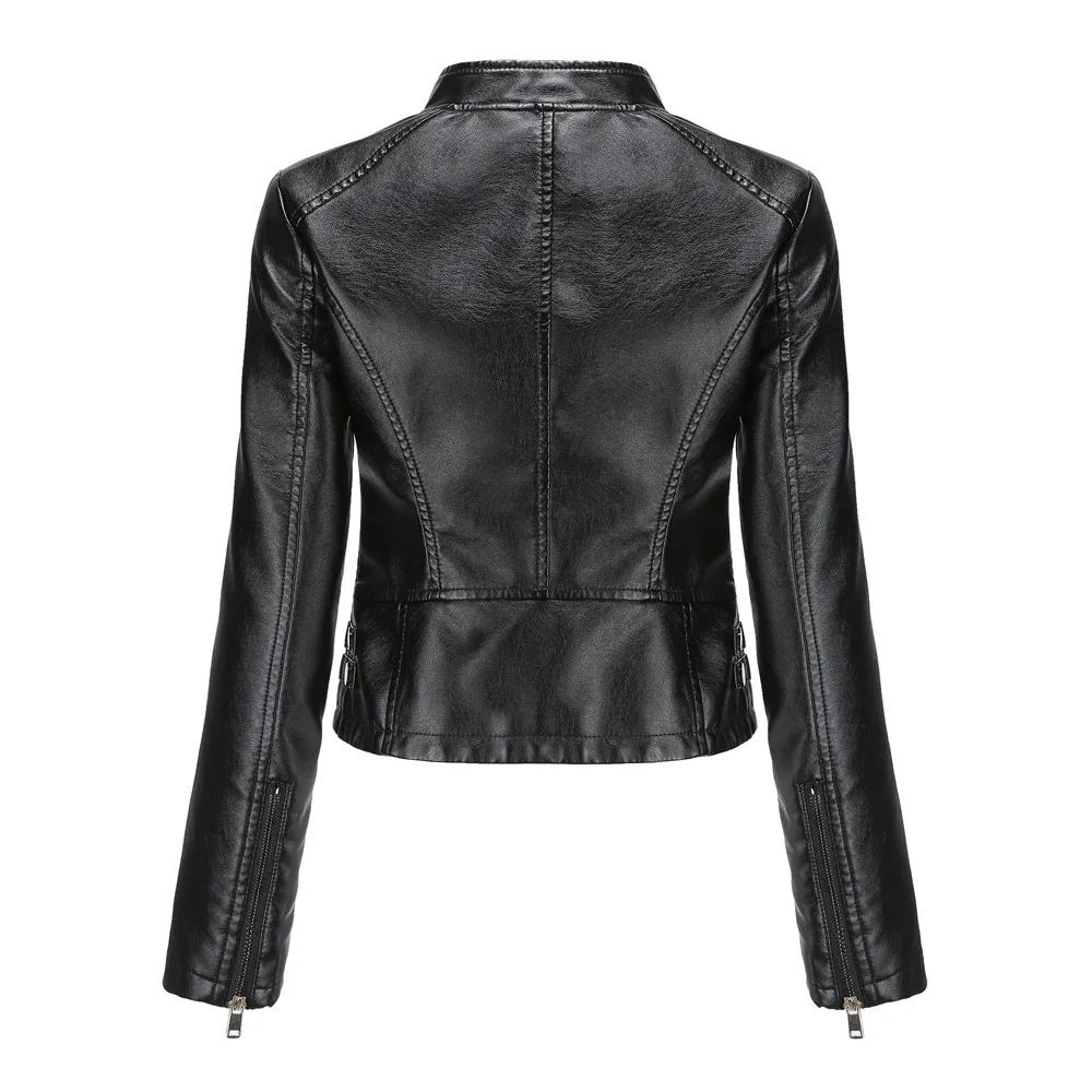 Women's New Spring Autumn Rivet Stand-Up Collar Long Sleeve Fashion Leather Jacket