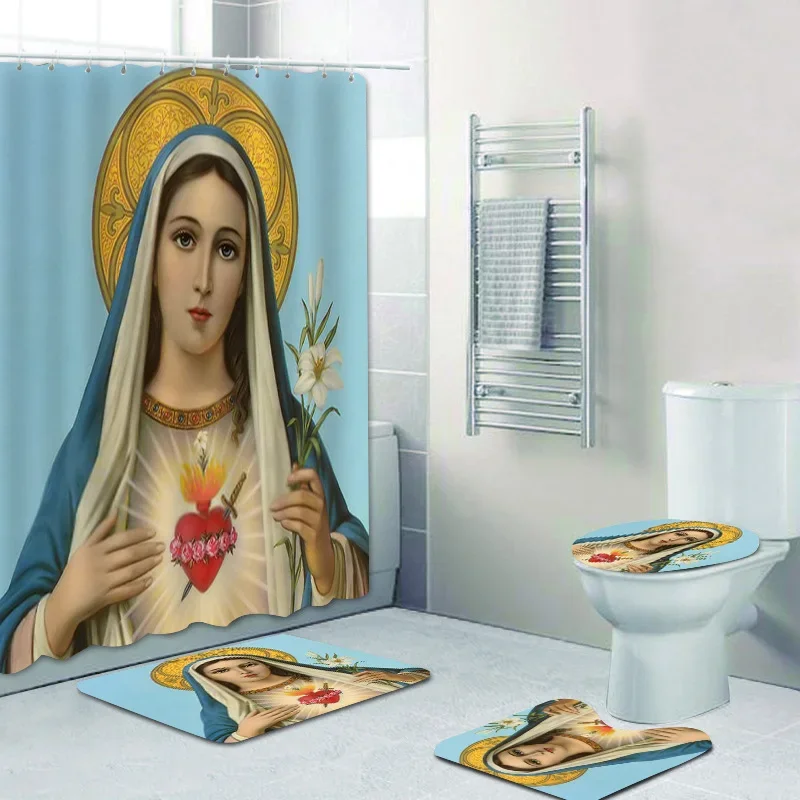 

Святая Дева Мария Богоматери Благословенная мать Картина Занавеска для душа Набор занавесок для ванной комнаты Католические коврики для занавесок для ванной Коврики Домашний декор