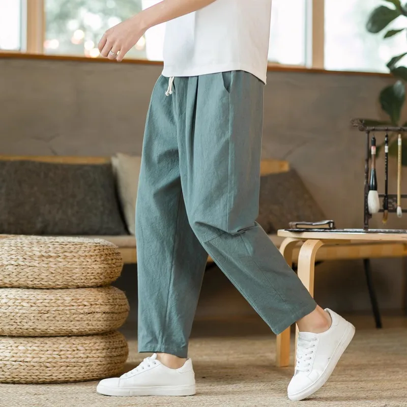 New Men\'s Linen Lightweight  Sweatpants Cotton Solid Color Breathable Joggers Men Baggy Pants Streetwear Long Trousers Men