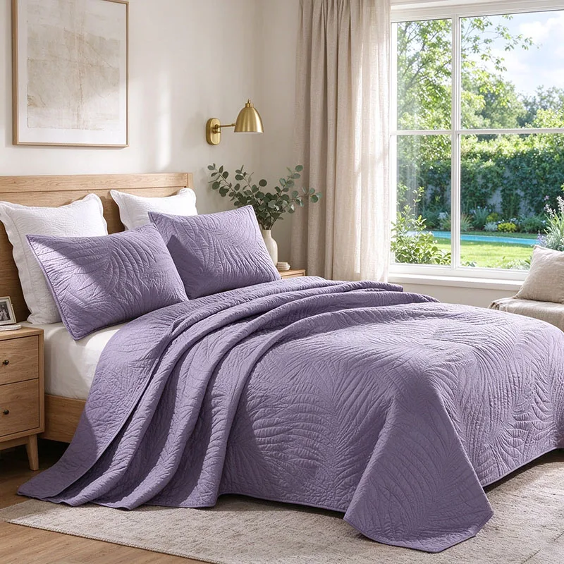 3pcs Plain Cotton Bedspread Quilt Set King Queen Size - Solid Color Embroidered Quilted Coverlet Blanket for Bed Home