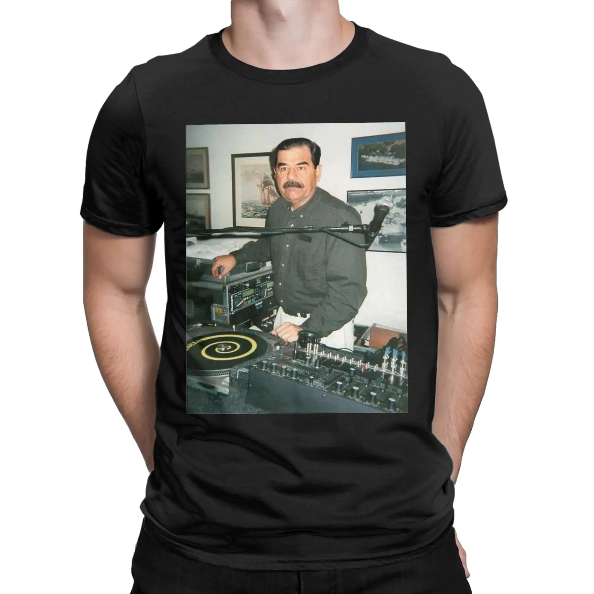 Dj Saddam Hussein T Shirt for Men Cotton Fun T-Shirts Round Collar Technics 1200 Iraq House Edm Tee Shirt Short Sleeve Summer