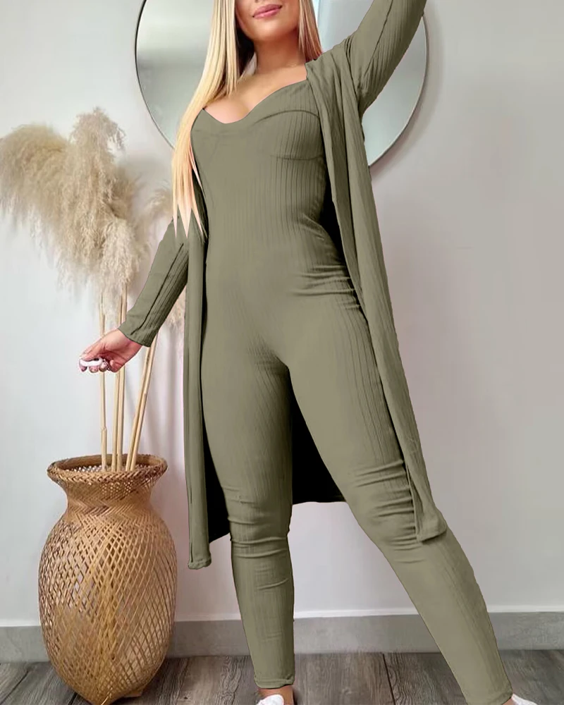 Two-Piece Set Fashion V Neck Ribbed Sporty Jumpsuit Women Sleeveless Skinny Elastic One Piece Playsuits with Cardigan Loungewear