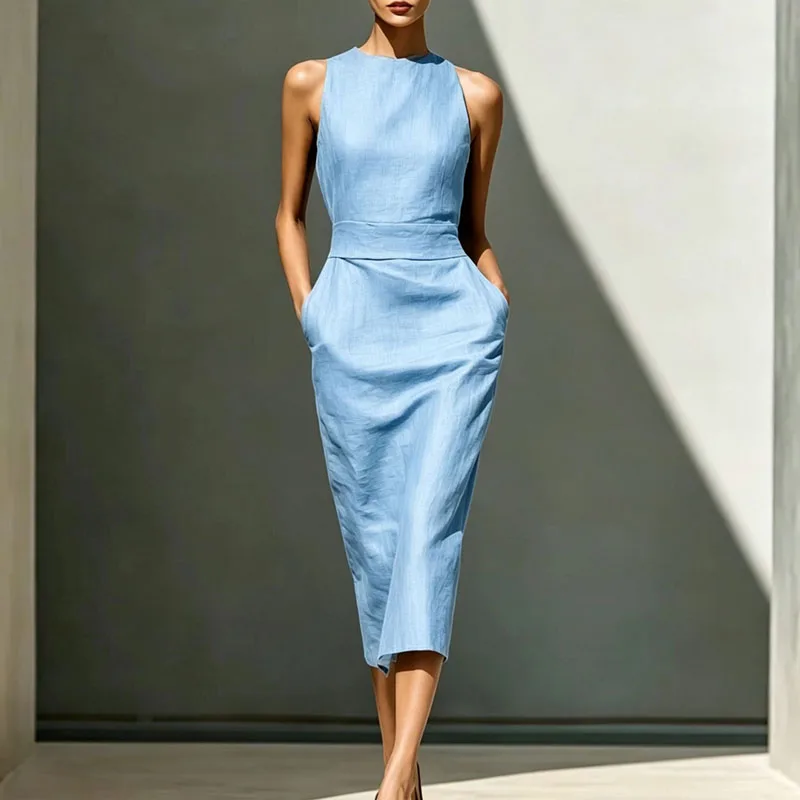 2026 Women Solid O Neck Long Dresses Elegant Sleeveless High Waist Sheath Dress Office Workwear Casual Summer Dress With Pockets - view 5