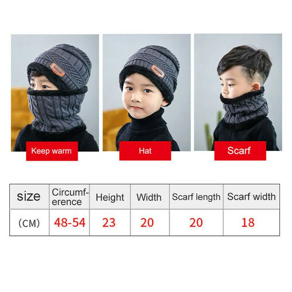 Kids Beanie Warm Hat Scarf Set Neck Cover Winter Fleece Knitted Thick Ski Cap