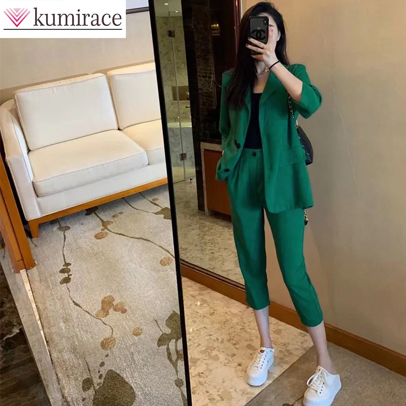 

European Goods 2024 Summer New Temperament OL Suit Jacket High Waisted Cropped Pants Fashion Two-piece Set Trendy Pant Sets