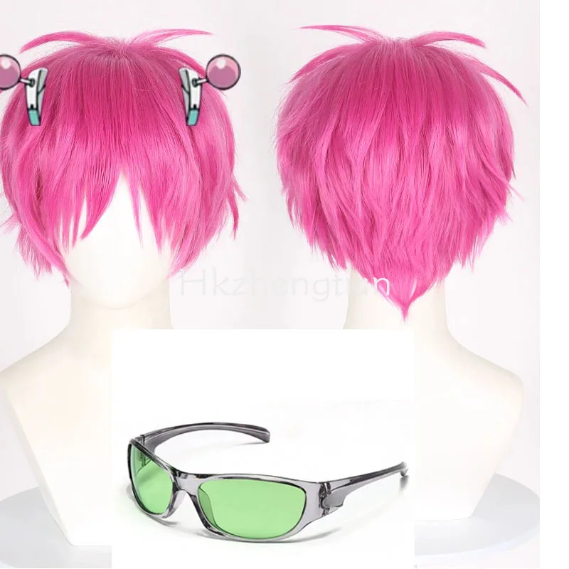 Anime Inspired Pink Short Cosplay Wig with Hair Clips & Green Glasses, Roleplay Prop for Halloween Party 3pcs /set
