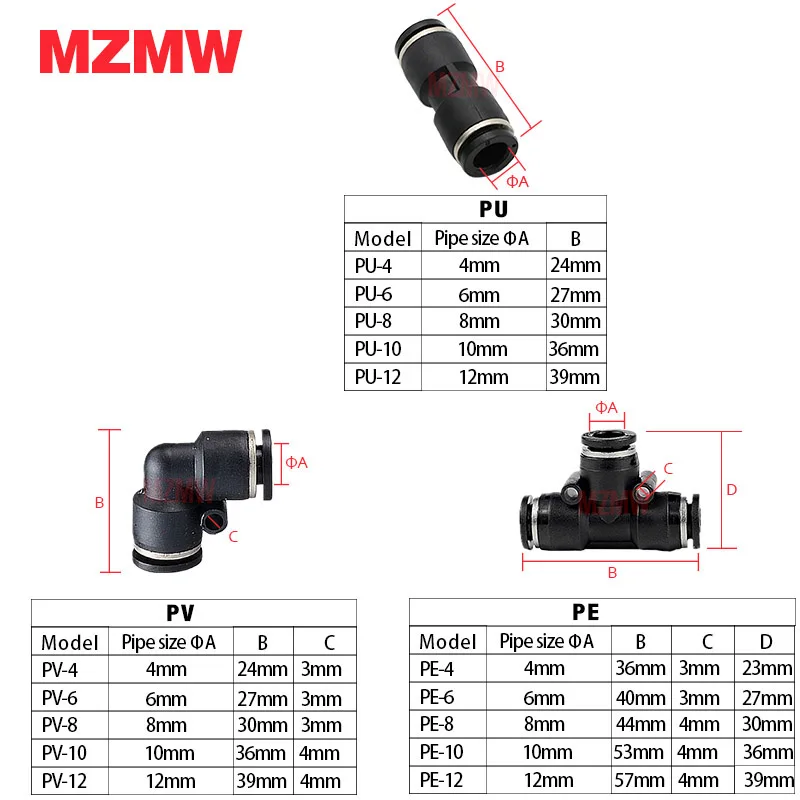 5Pcs Pneumatic Fittings Air Pipe 4/6/8/10/12MM Quick Coupling Push in PY/PU/PE/PK/PZA/PV/PE/HVFF Push in Plastic Tube Connector