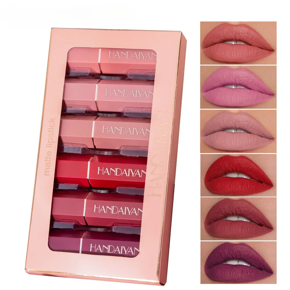 6 farben Matte Samt Lippenstift Set Nicht-Färben Langlebig Rot Lippenstift Box Sechseckigen Frauen Make-Up Geschenk Wasserdicht Matte lippenstift