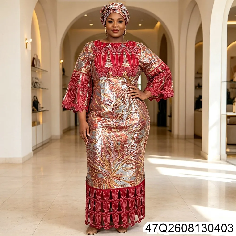 2026 African Plate-size Dress, Headscarf, Rhinestone and Diamond Women's Autumn New Collection, Jacquard Fabric Robe 47Q26081304