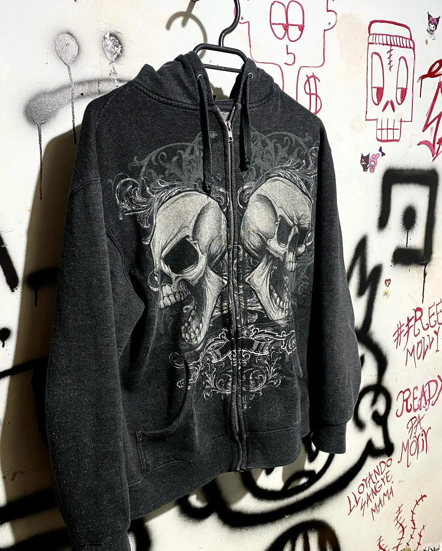 Y2K New Retro Skull Print Hoodie Street Hip Hop Loose Zipper Hoodie Men\'s Harajuku Gothic Punk Casual Loose Long Sleeve Hoodie