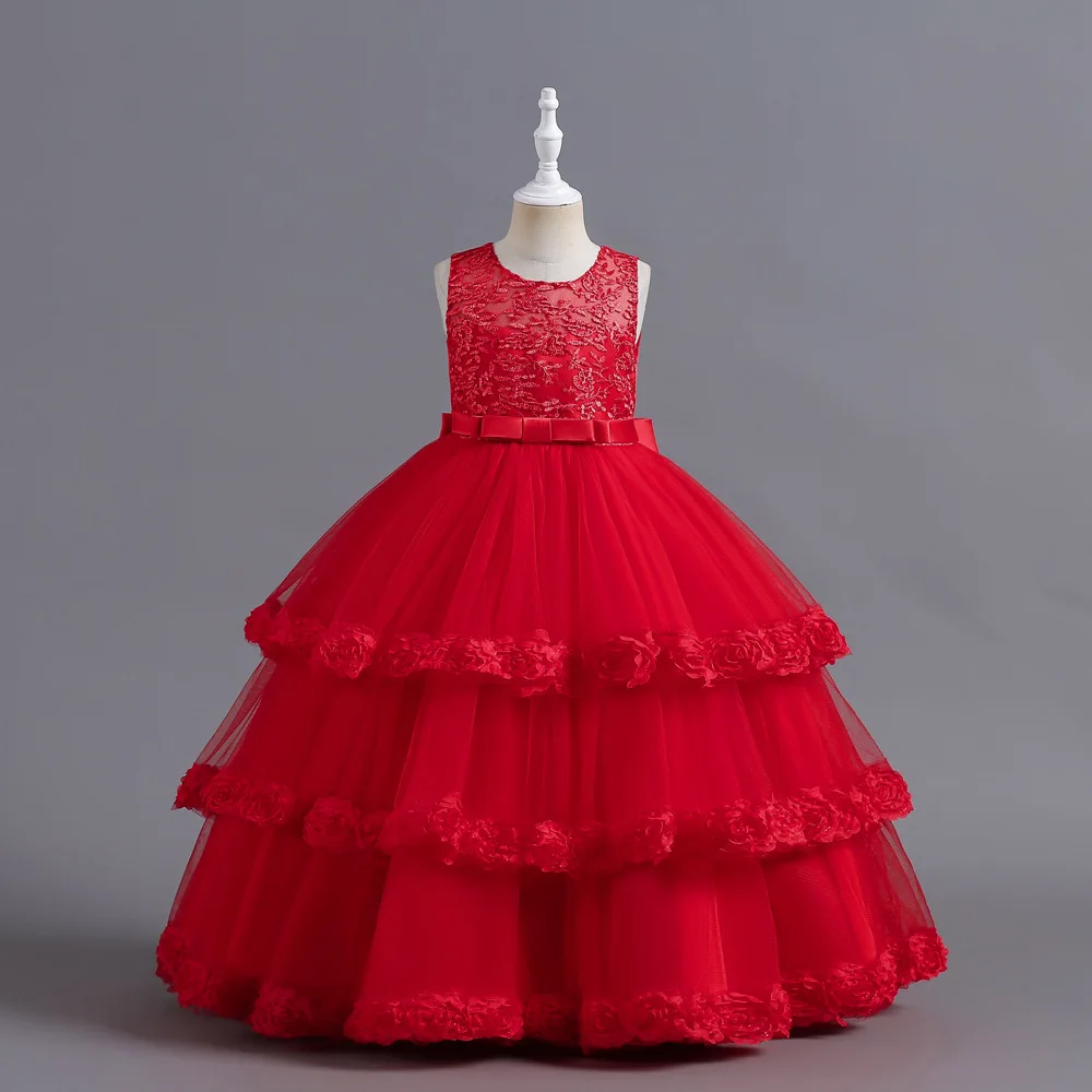 

Kids Formal Dress Multi-layer Flower Puff Tulle Princess Skirt Girl Flower Girl High-end Piano Performance Children Evening Gown