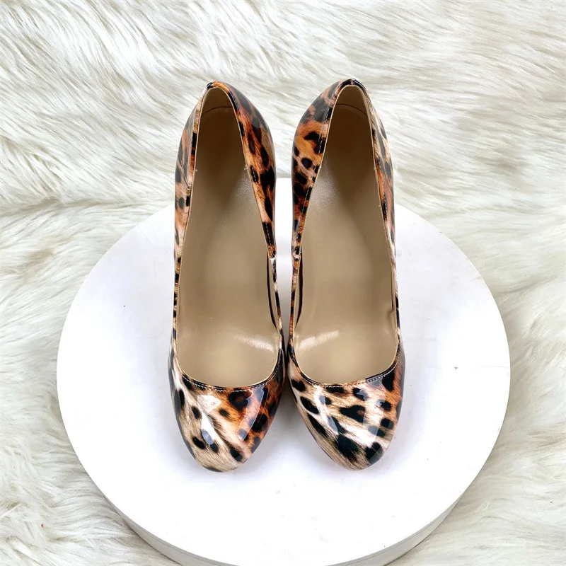 Tikicup 12cm/10cm Sexy High Heels Cute Mary Jane Leopard Patent Leather Stilettos Round toe Pumps Party Shoes Ladies Size33-46