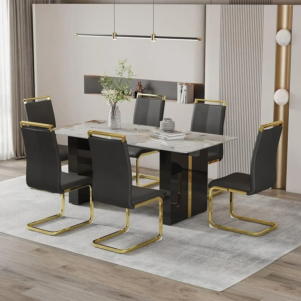 71'' Modern Dining Table Set for 6 Kitchen Faux Marble Table and PU Leather Chairs Set of 6 for Kitchen, Dining, Bar,Living Room