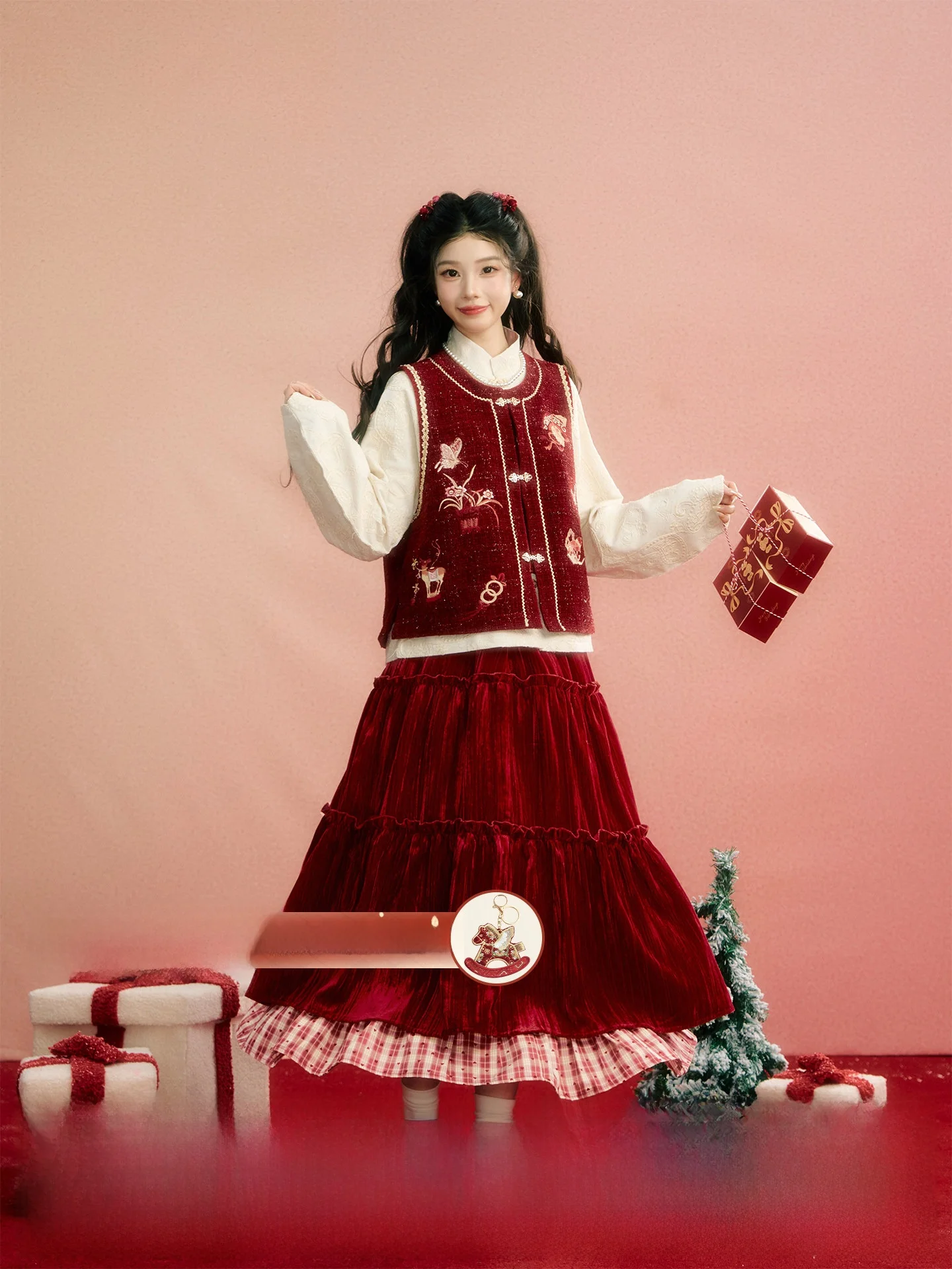 

July Evening Original Floral Knitted ort Jaet Elastic Skirt Set Women's Faion Traditional Chinese Sle Winter Collection