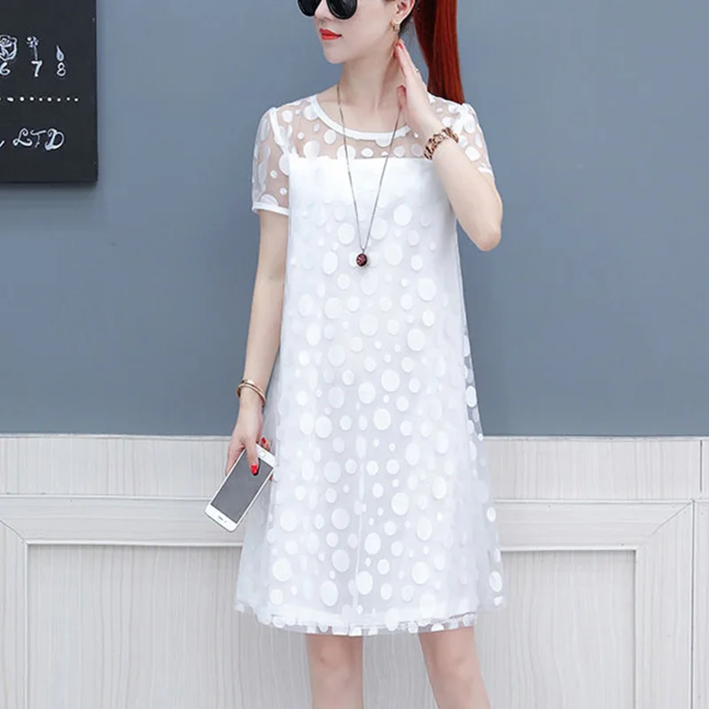 

Elegant Lace Spliced Loose Polka Dot Sexy Dress Women's Clothing 2023 Summer New Oversized Short Sleeve Office Lady Mini Dress