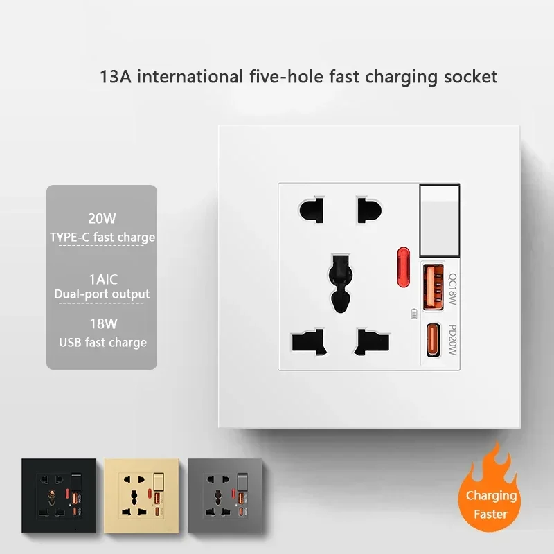 범용 지능형 고속 충전 C타입 벽 듀얼 소켓, UK 플러그 어댑터, 18W USB C 220V 전기 13A 고전력 콘센트, 20W 