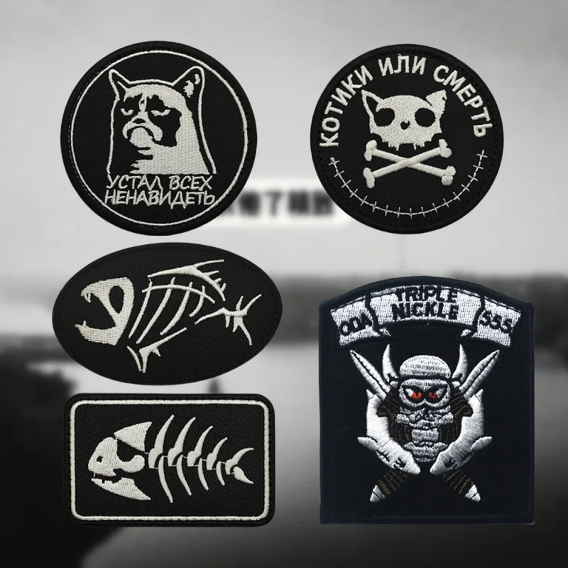 

Melancholy Cat Skull Embroidered Hook and Loop Patches Tactical Morale Emblem 555 Combat Team Military Armband Backpack Sticker