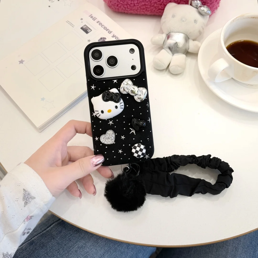 

Lovely Stereoscopic Kitten heart bow ornament Phone Case For iPhone 17 16 15 14 13 Pro Max Retro Denim Warm Fabric Back Cover﻿﻿