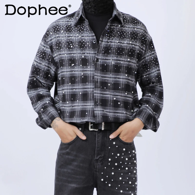 

Original Men's Clothing 2025 Autumn New Light Luxury Diamond-Studded Design Loose Long-Sleeve Shirts Trend New Plaid Chic Shirts