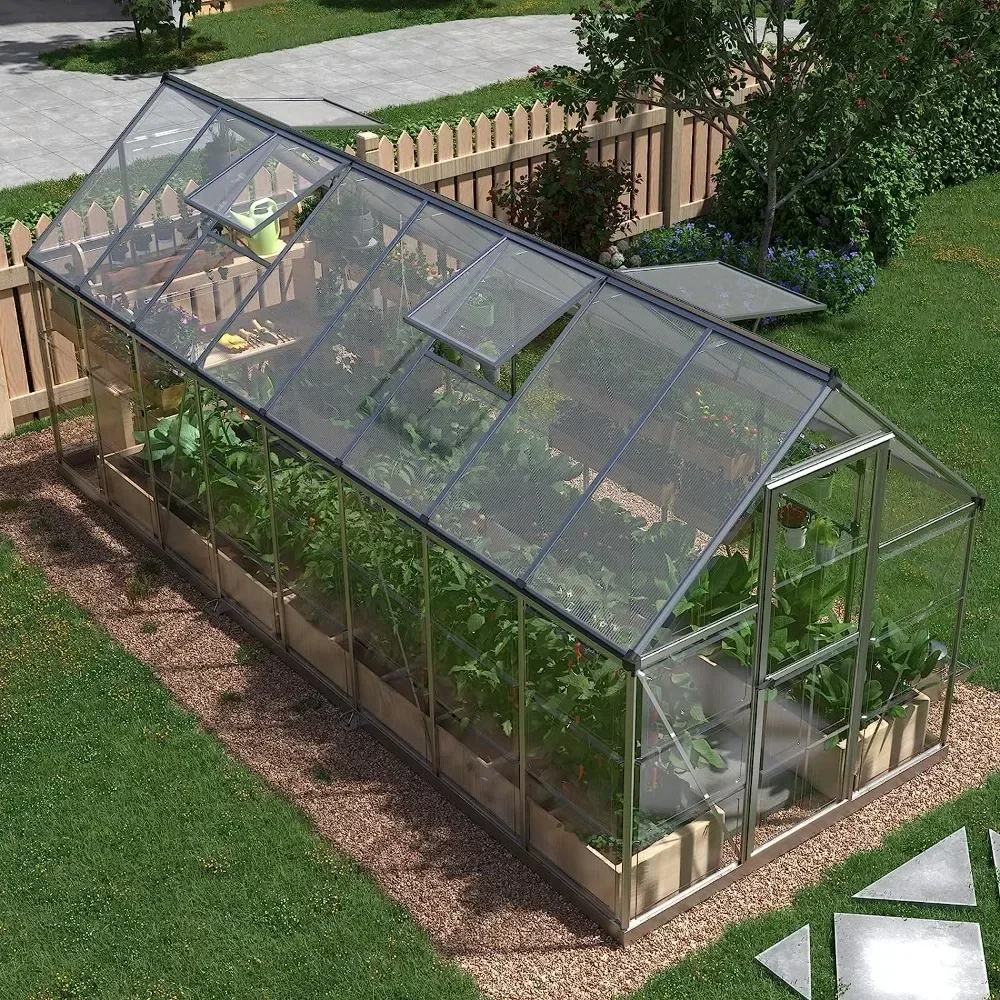 Hybrid Polycarbonate Greenhouse with Hinged Door and Vent Windows, Lockable Aluminum Walk-in Greenhouse Sunroom