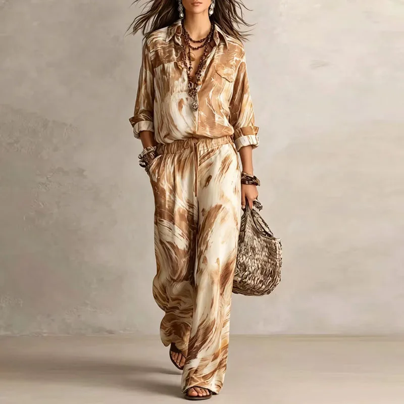 Greenora Ink Painting Printed Matching Sets Ladies Lapel Blouse & High Waist Wide Leg Trousers Outfit Beach Holiday Casual Two P