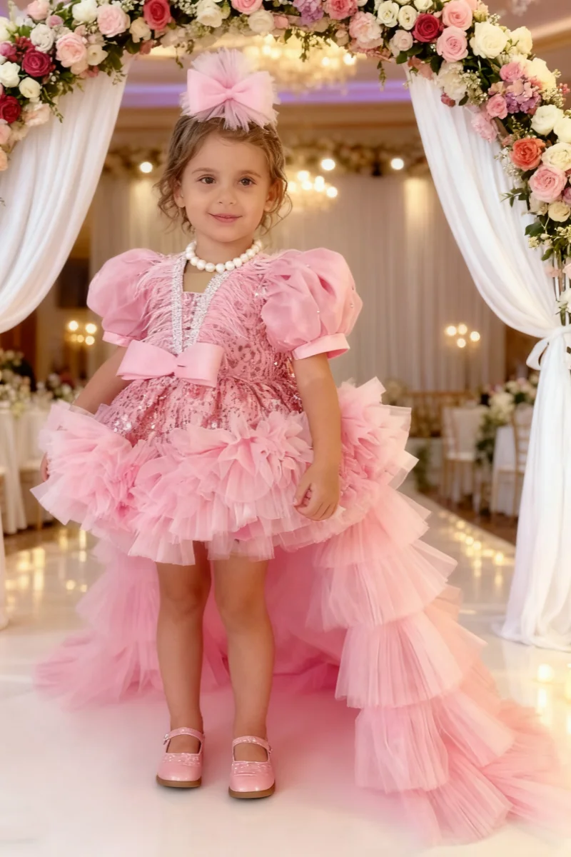 

Customized Flower Girl Dress For Wedding Layered Feather Tulle Sequins Kids With Bow Birthday First Communion Gown