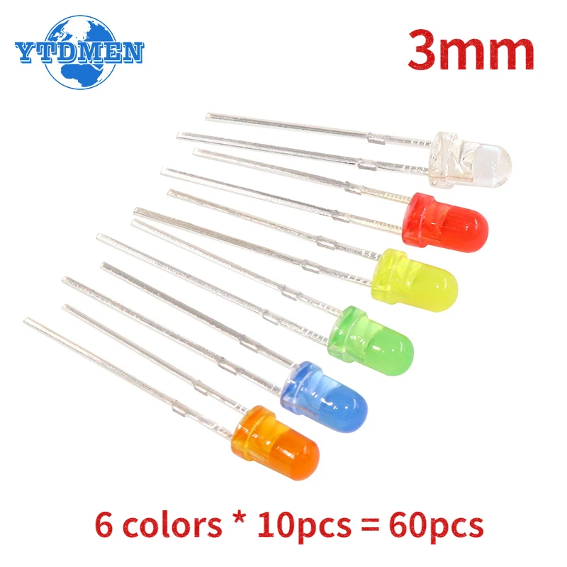 60pcs/lot LED Diodes 3mm 6 Values *10PCS LEDs set,White Red Yellow Blue Green Orange F3 LED Lights Diodes Electronic Kit