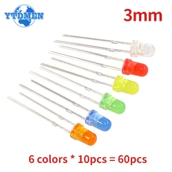 60pcs/lot LED Diodes 3mm 6 Values *10PCS LEDs set,White Red Yellow Blue Green Orange F3 LED Lights Diodes Electronic Kit