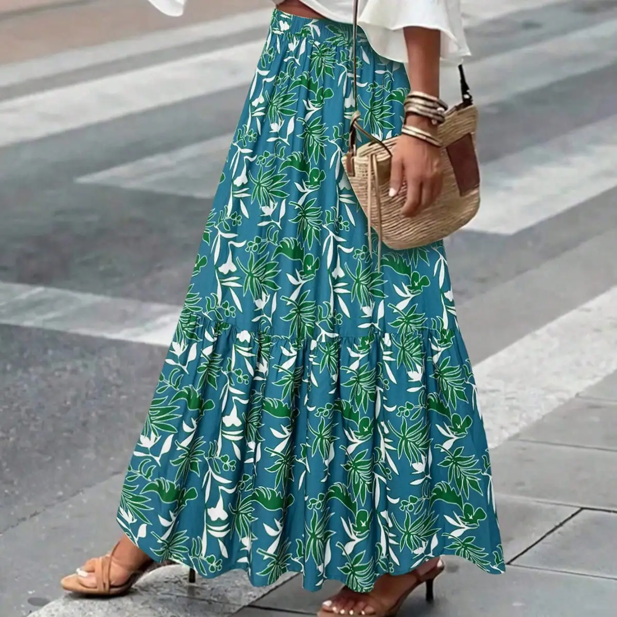Plus Size Floral Print Maxi Skirt for Women High Waist Elastic Loose Ruffle Tiered Long Casual Beach Skirt - view 6