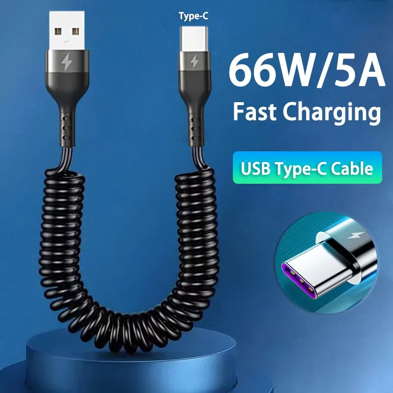 66W 5A Fast Charging Type C Cable Spring Telescopic Car Phone Charger USB Cable For Samsung Xiaomi Redmi Huawei USB Type C Cable