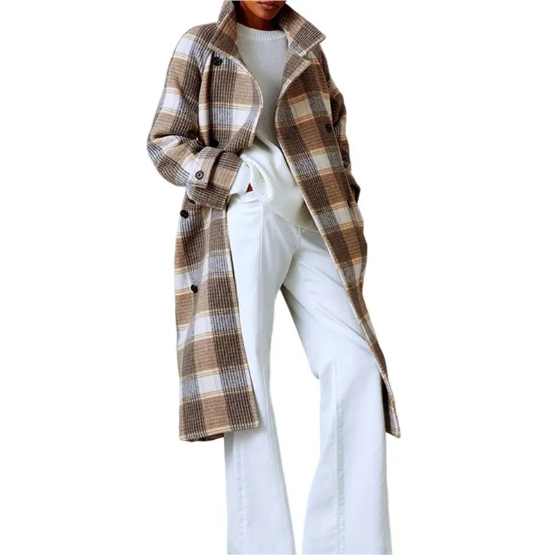 

CYL-Women's Plaid Trench Coat Elegant Lapel Collar Long Sleeve Belted Wool Blend Winter Overcoat