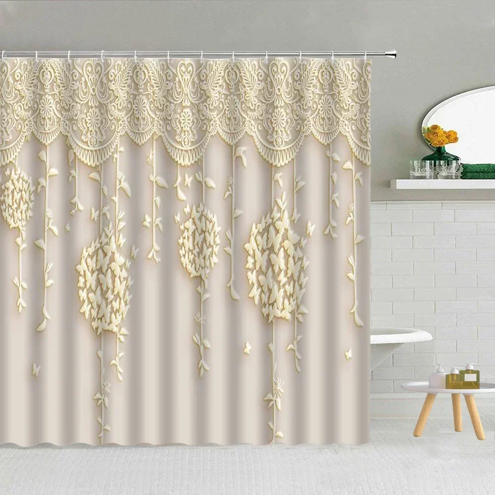 

3D Embossed Flower Geometry Shower Curtain Vine Leaves Butterfly European Luxury Waterproof Bathroom Art Decor Hooks Curtains