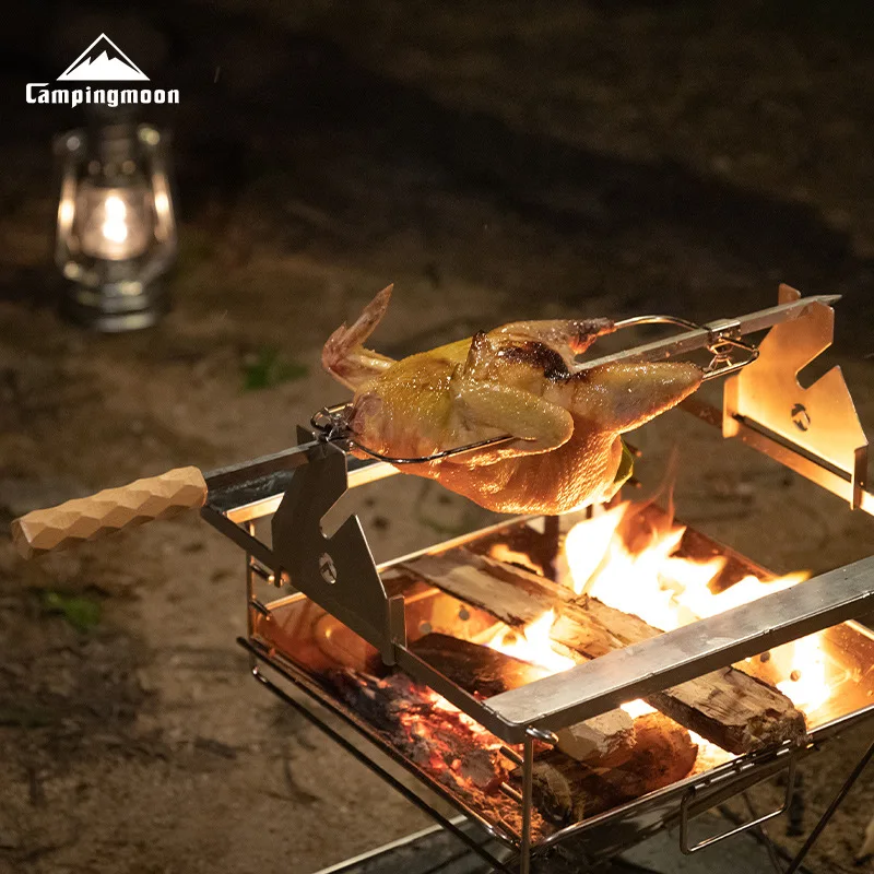 

CAMPINGMOONMK-60 Outdoor Camping Portable Food Grade Stainless Steel 2 Gears Adjustable Chicken Roasting Grill Set Wooden Handle