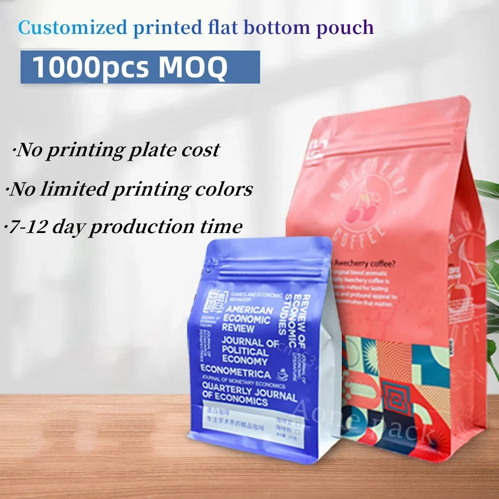 Customized Printing Coffee Bean Powder Bags with Valve Snack Potato Chip Dried Fruit Food Flat Bottom Packaging Bag with LOW MOQ