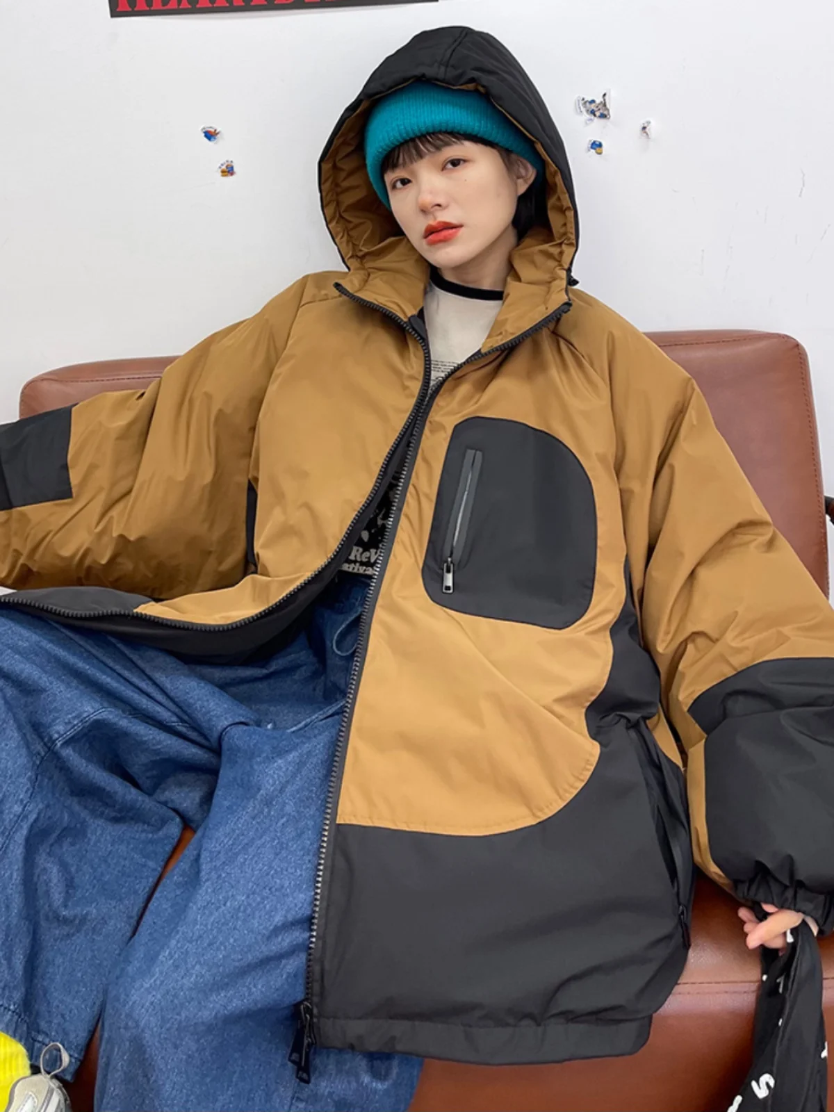 

Maillard contrasting hooded assault cotton coats for women's 2023 winter new loose bf thickened jacket trend