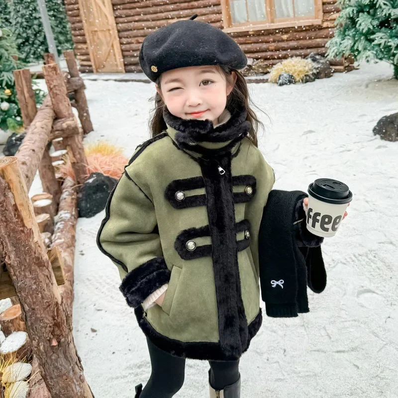 Girls Velvet Warm Coat Winter 2024 New Children Fur Integrated Thickened Four-button Top for Baby Girls Winter Clothes