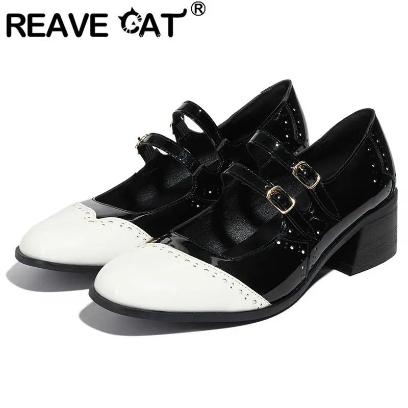 

REAVE CAT Design Women Pumps Round Toe Block Heels 4.5cm Double Buckle Strap Mixed Color Plus Size 42 43 Mary Janes Daily Shoes