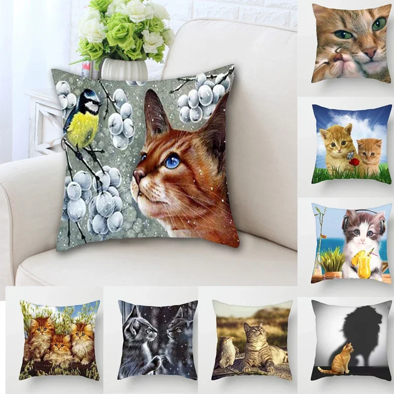 Cushion Cover Cute Cat Pattern Square Pillowcase Zipper  Birthday Gift Sofa  Home Hotel Decoration 45*45cm