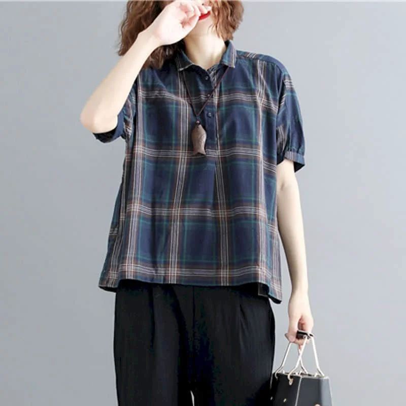 Baumwolle Leinen hemden für Frauen Vintage Plaid Halbarm Pullover Hemden lose lässige koreanische Stil Polo-Ausschnitt Bluse Frauen Tops