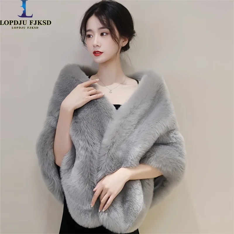 여성용 오픈 스티치 단색 숄, 인조 모피 플록 짧은 케이프, 겨울 파시미나 랩, 가을 신상