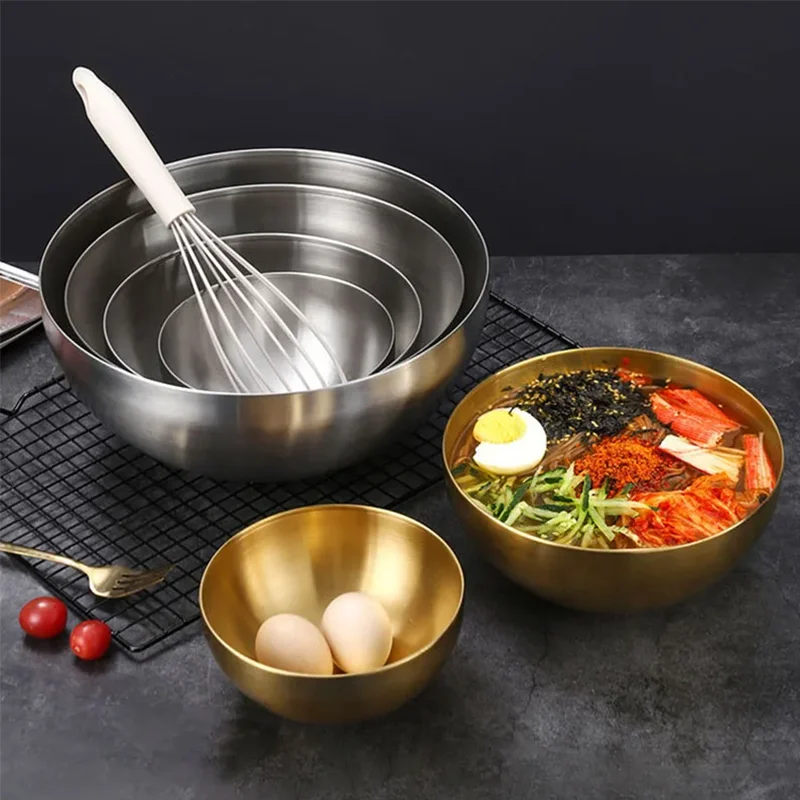 Korean Stainless Steel Salad Bowl Multifunctional Cooking Basin Noodle Bowl Round Golden Silver 12/15/18/20/25/28cm